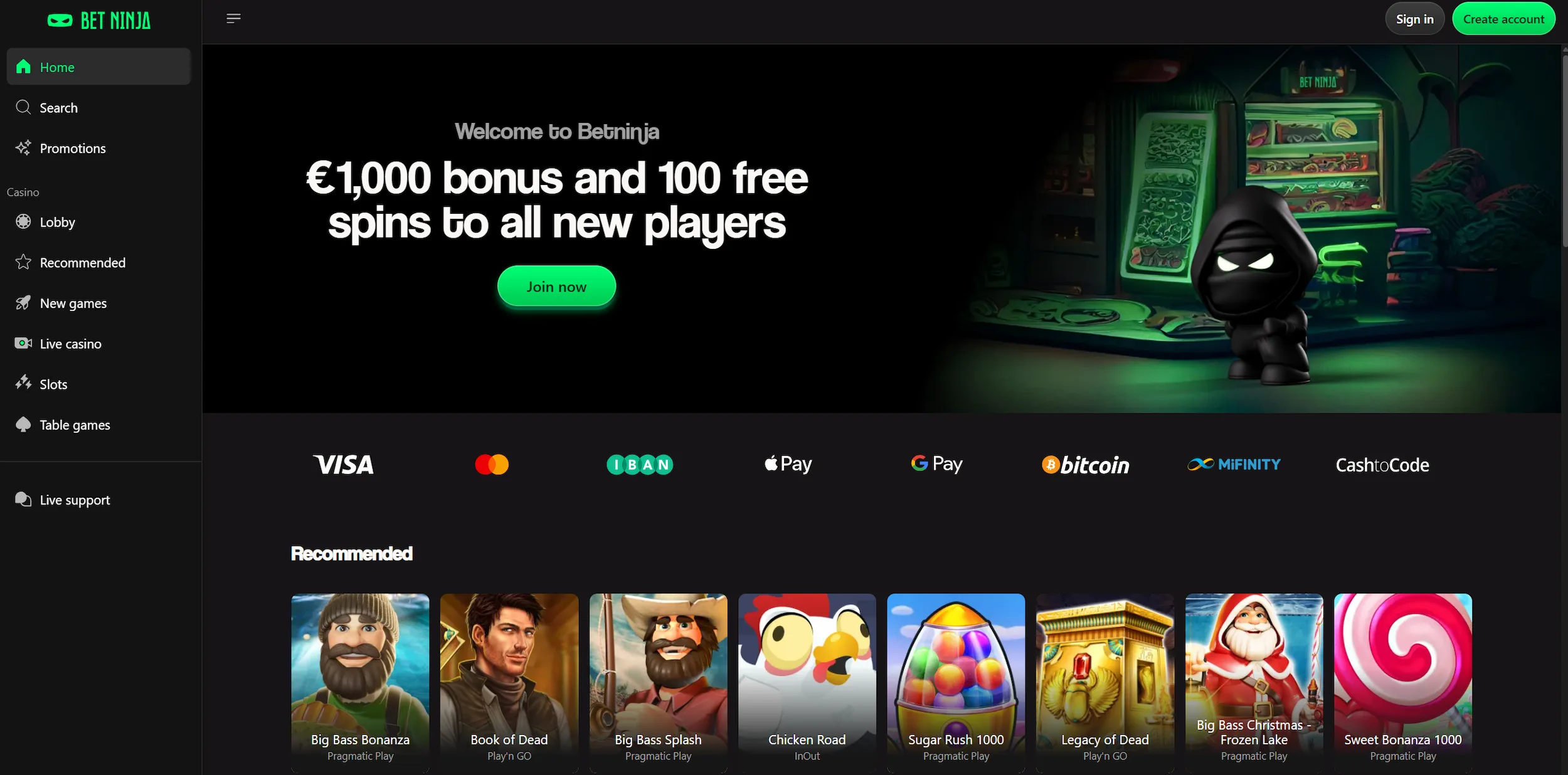 BetNinja casino homepage displaying welcome offer, selection of recommended online pokies and site main navigation